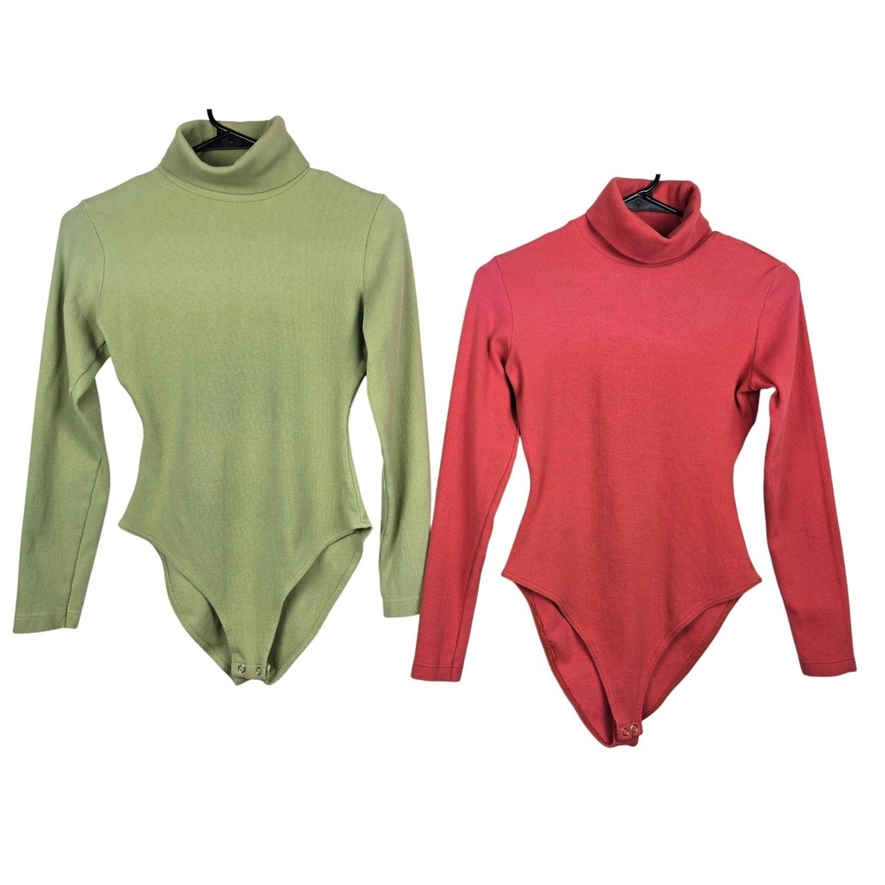 Vintage Bienergie Turtleneck Bodysuit Bundle Green Coral Pink Ribbed Knit Medium